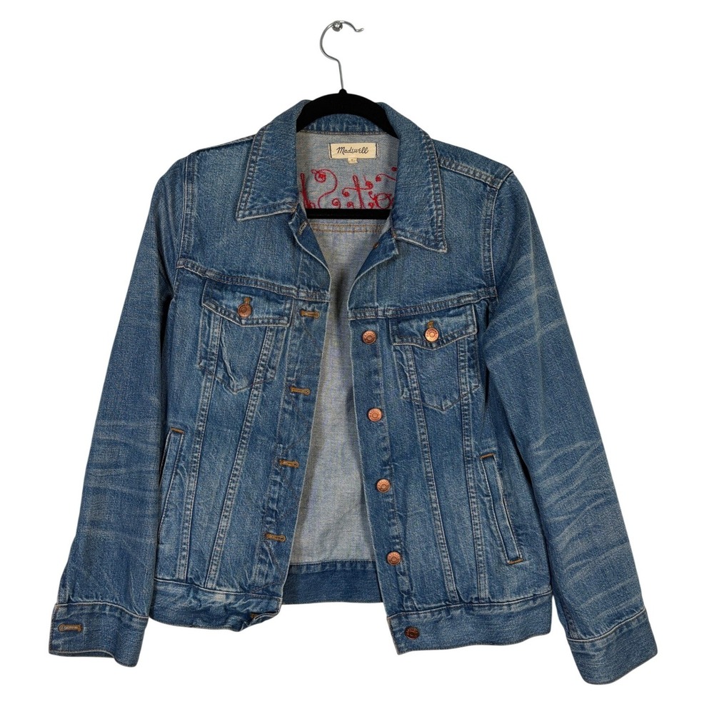 Madewell Hot Shot Embroidered Denim Jacket Blue Medium Wash Cotton F0370 Size M